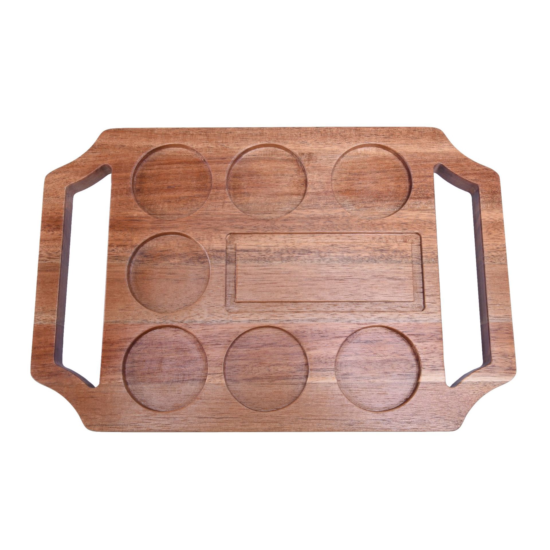 Solid Wood Beverage Tray with Handles – 8 Cup Slots & Center Snack Holder